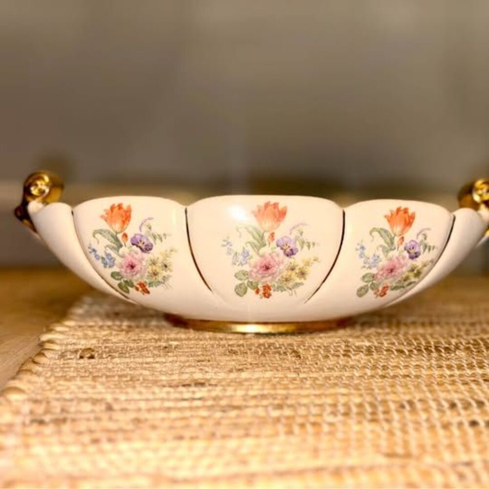 Vintage Abingdon USA Floral Ceramic Serving Bowl w/ Gold Handles – 14”